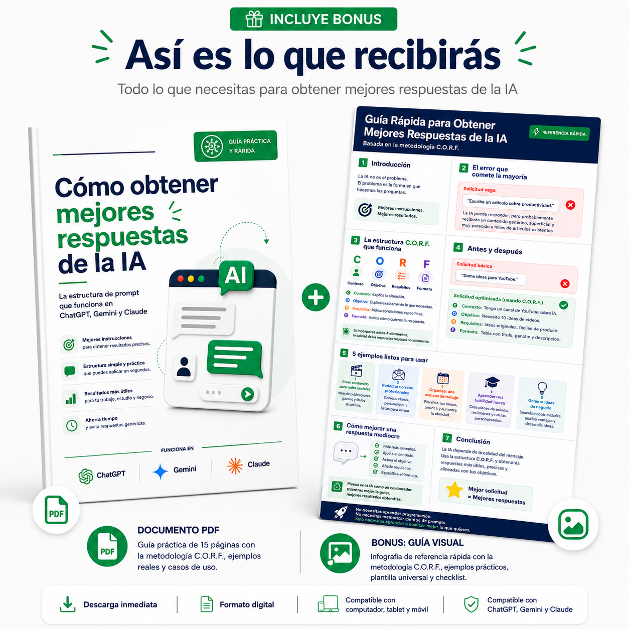 Qué incluye la guía Cómo obtener mejores respuestas de la IA: e-book PDF y bonus Guía Visual